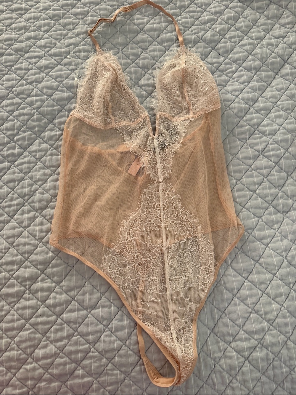 Victoria’s Secret new Sheer Lace Halter Teddy Bodysuit in Nude